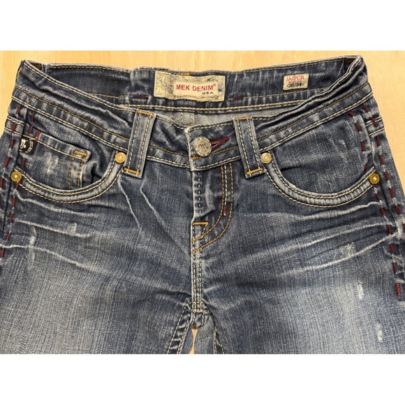 MEK Denim Jaipur Bootcut Jeans Womens 26x34 Dark Wash Distressed Y2K Embroidered - Picture 9 of 16